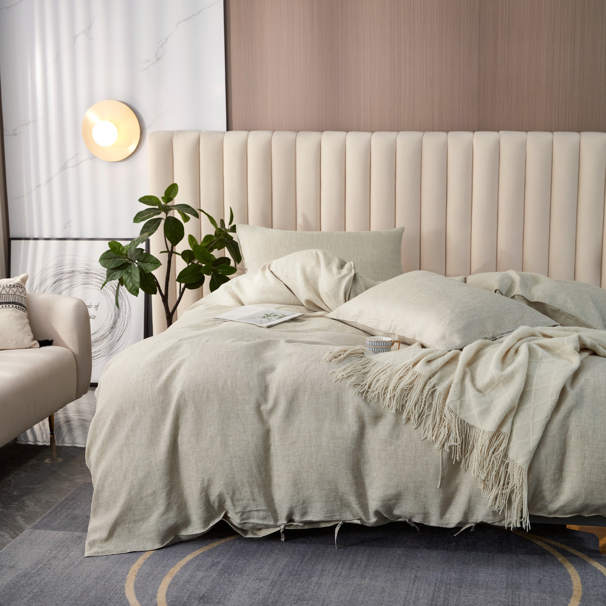 Neutral undyed linen full bed set in a warm interior